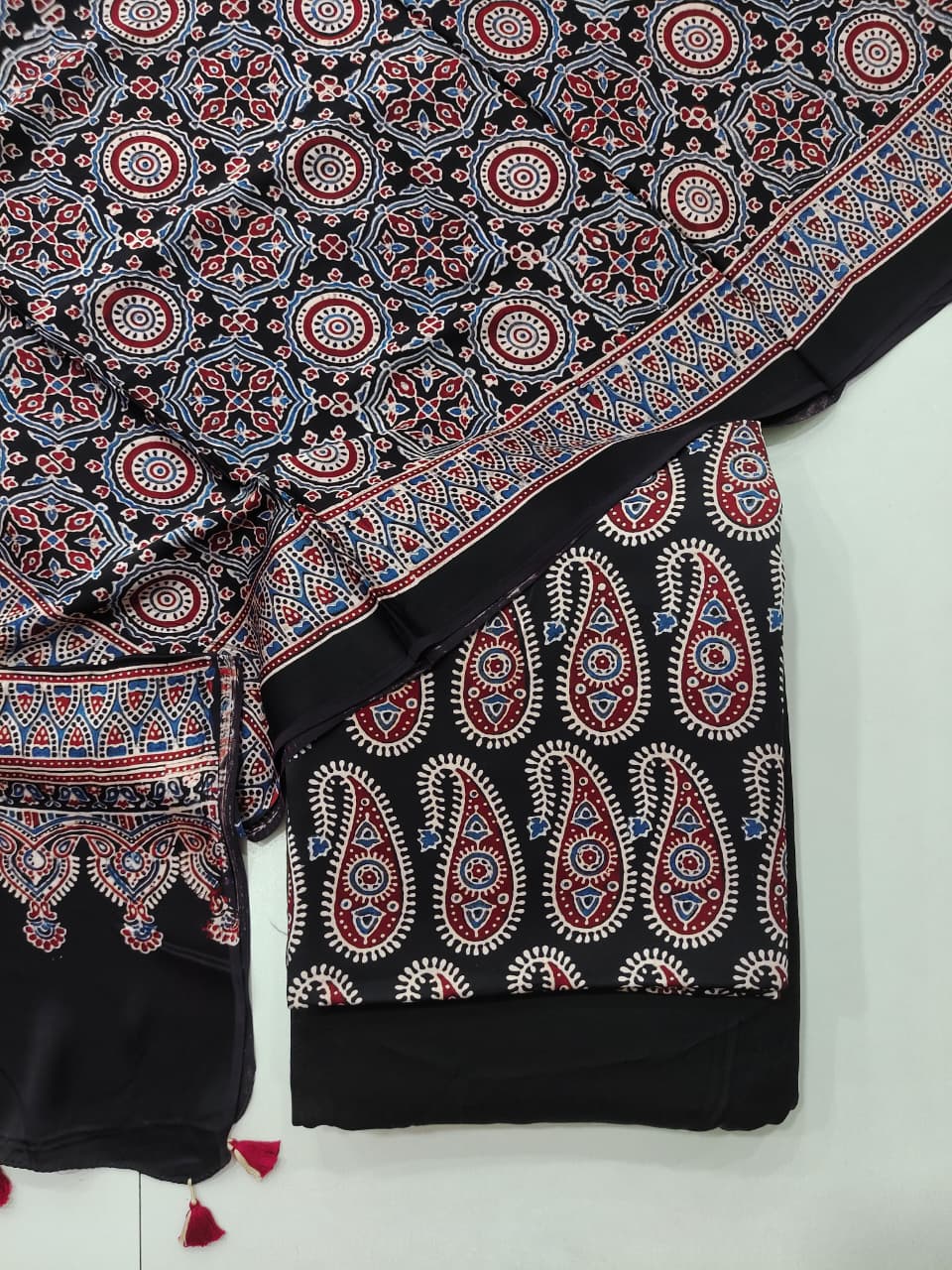 Pure Modal Silk Ajrakh Hand Block  3pc Unstitched Suit