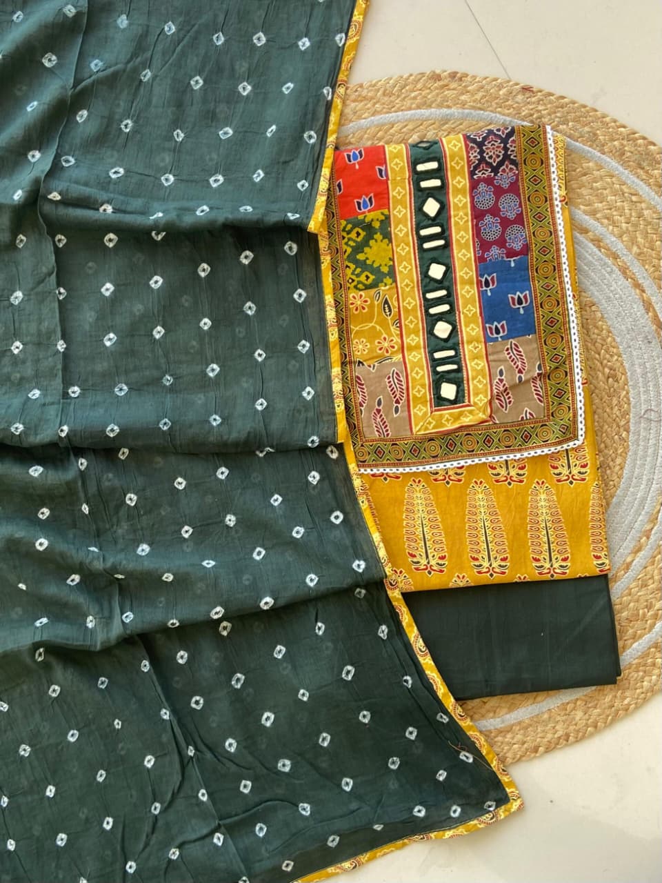Pure Cotton Azrakh Print Unstitched Suit With Heavy Mirror Work
