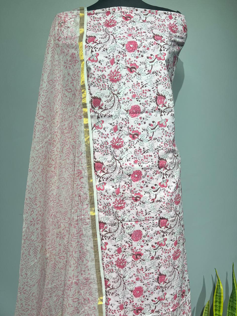 Pure Cotton Hand Block Print Unstitched Suit With Kota Dupatta