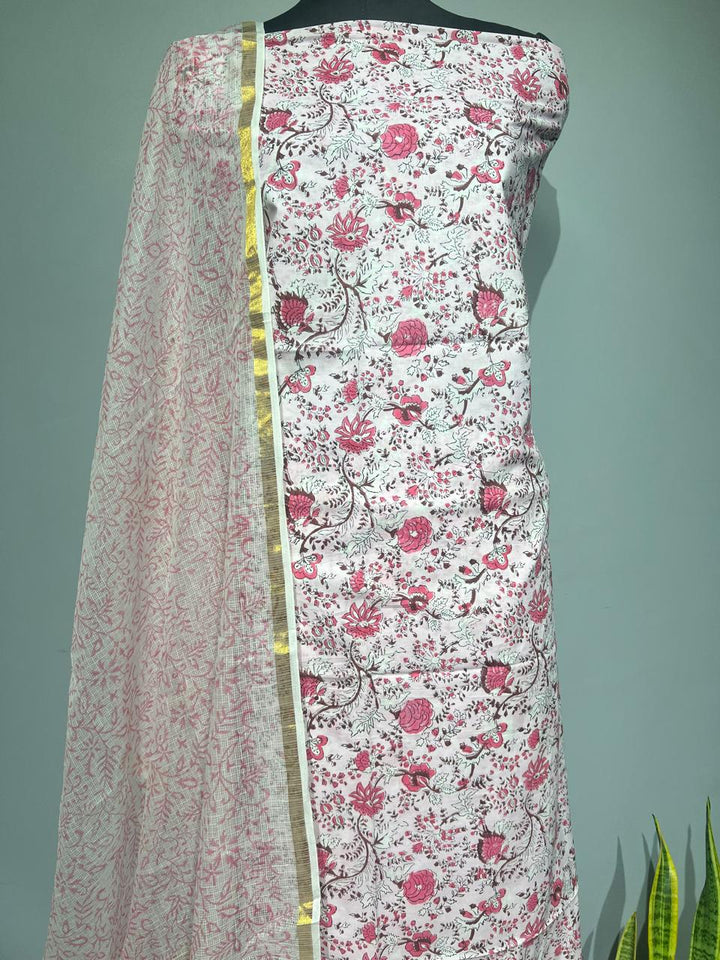 Pure Cotton Hand Block Print Unstitched Suit With Kota Dupatta