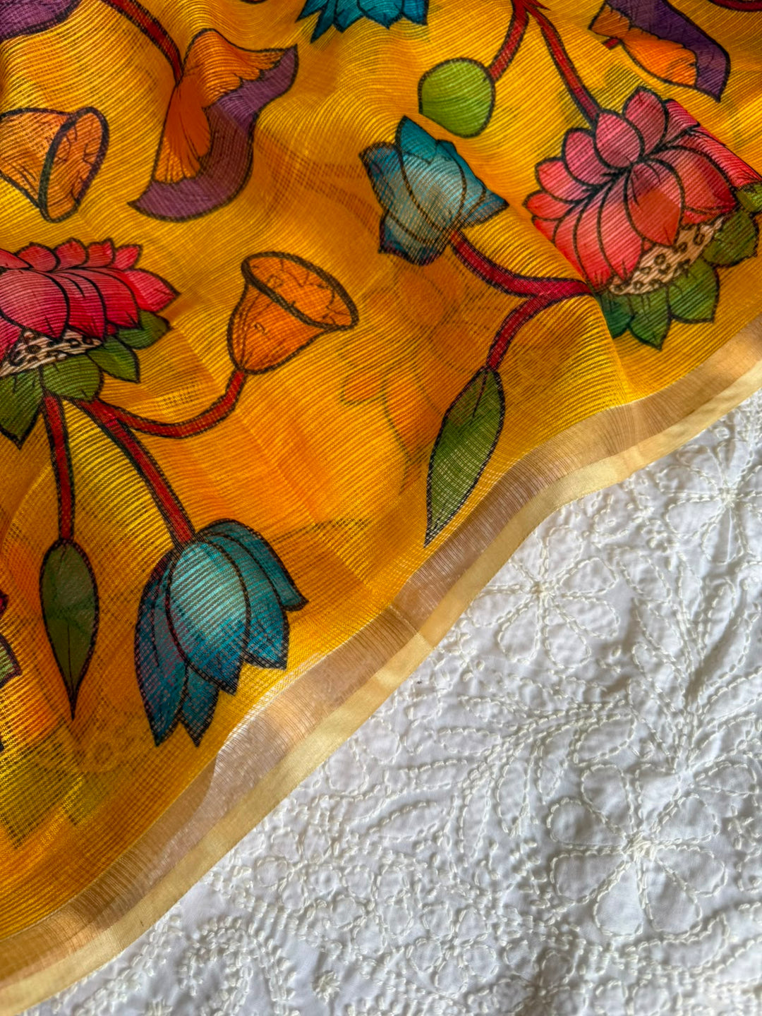 Pure Cotton Chikankari Hand Work Unstitched suit With Kalmkari Kota Doriya Dupatta.(without bottom)