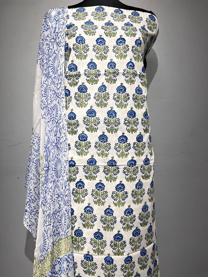 Pure Cotton Hand Block Print Unstitched Suit With Chiffon Dupatta