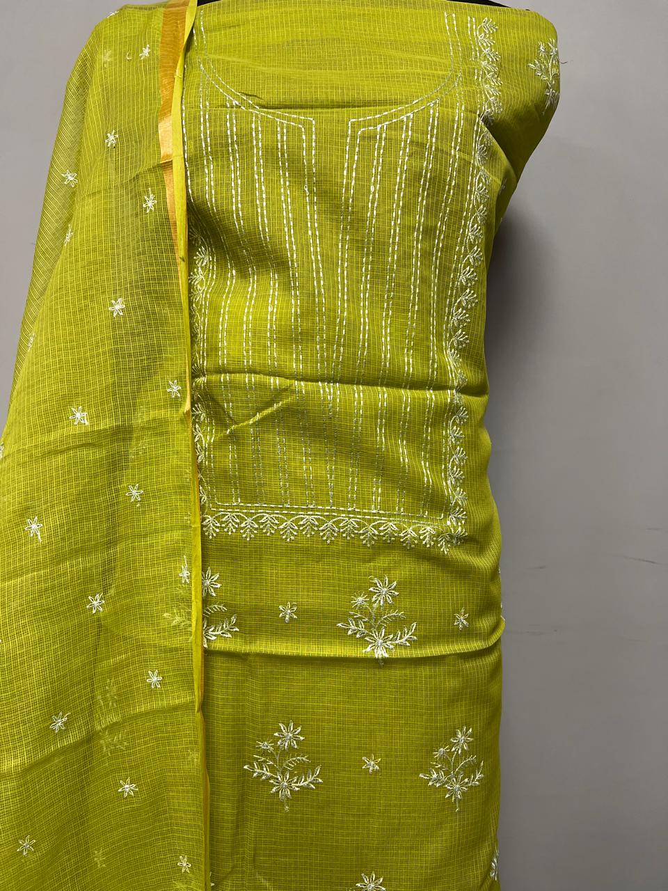 Chikankari Hand Work 3pc Unstitched Suit in Kota doria Fabric .