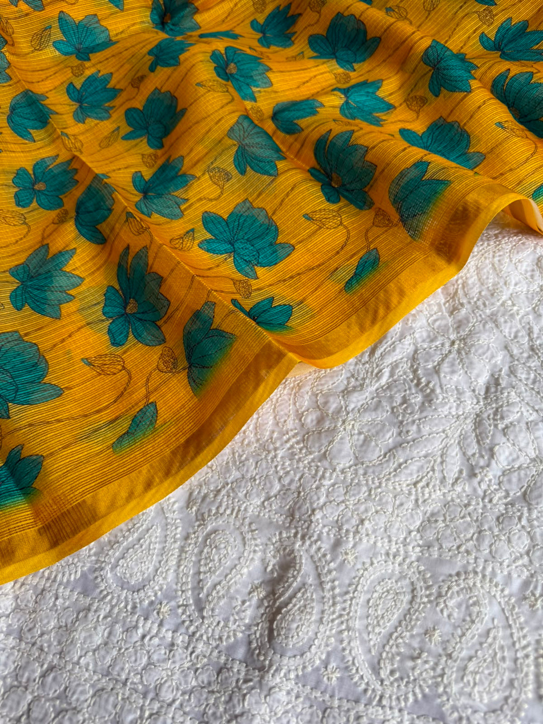 Pure Cotton Chikankari Hand Work Unstitched suit With Kalmkari Kota Doriya Dupatta.(without bottom)