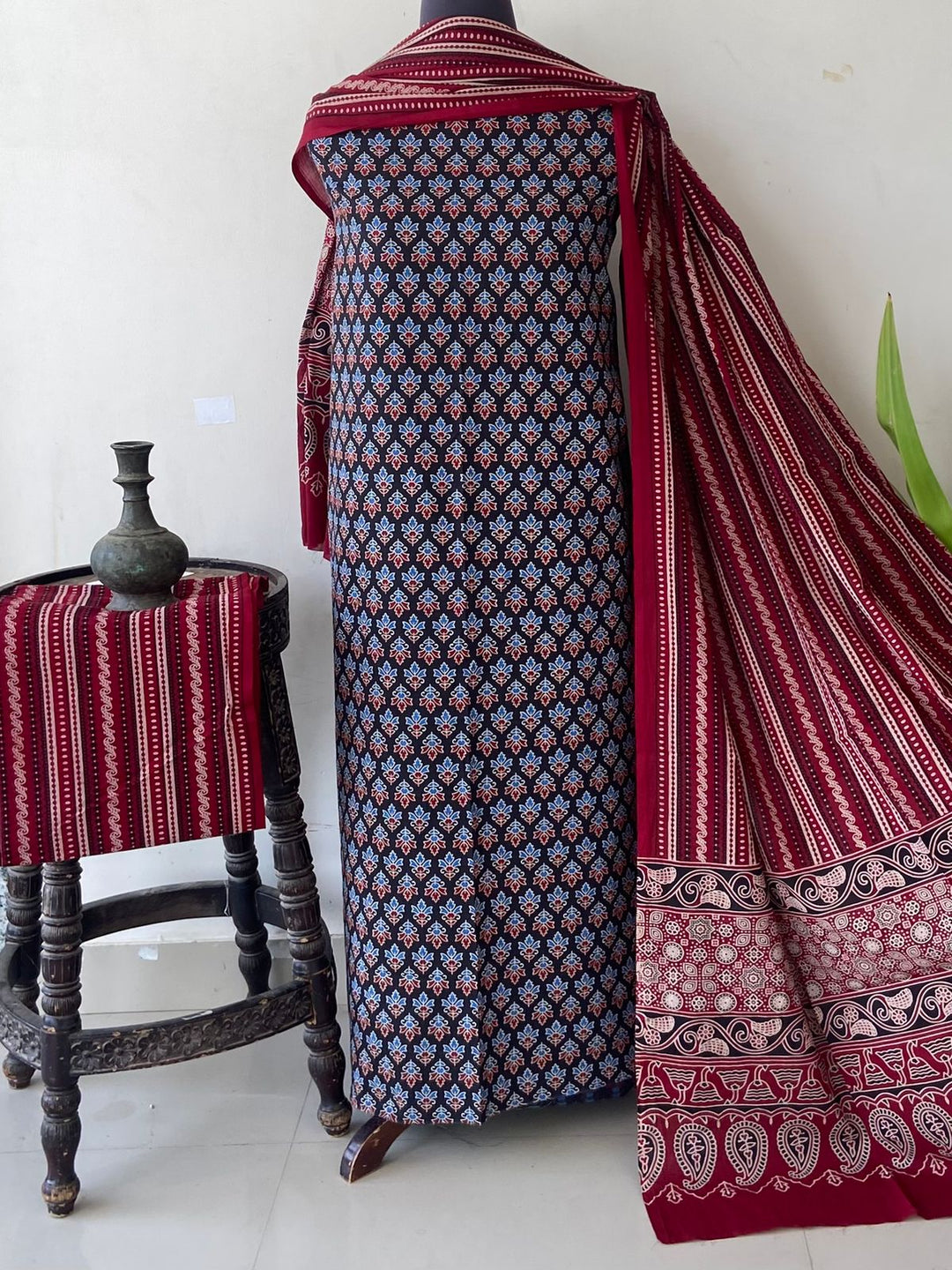 Pure Cotton Azrakh Print Unstitched Suit With  cotton Duppatta