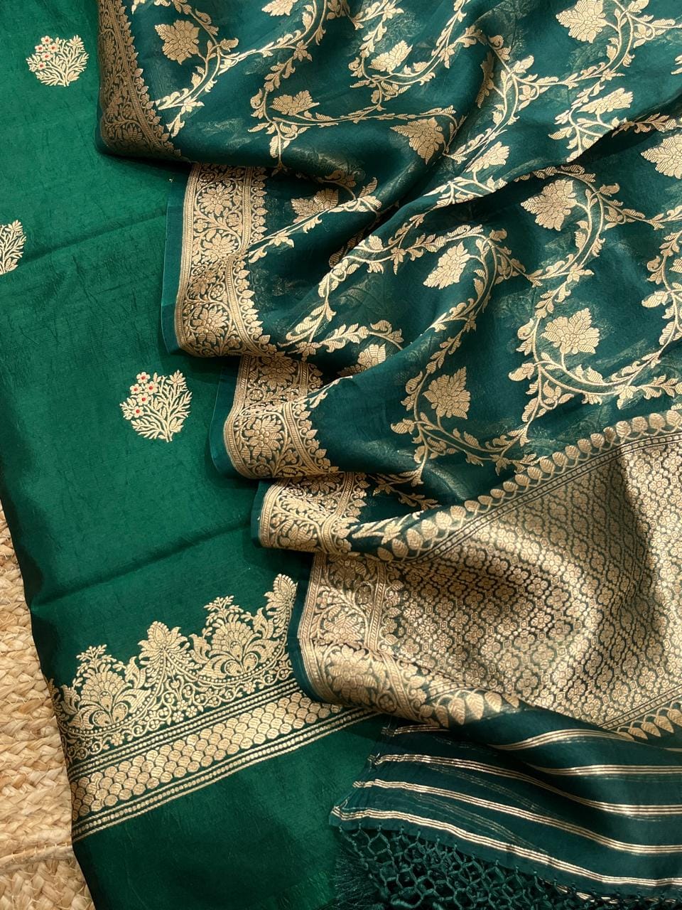 Pure Banarasi Raw Mango Silk Zari Weaved Unstitched Suit with Pure Khaddi Organza Dupatta.