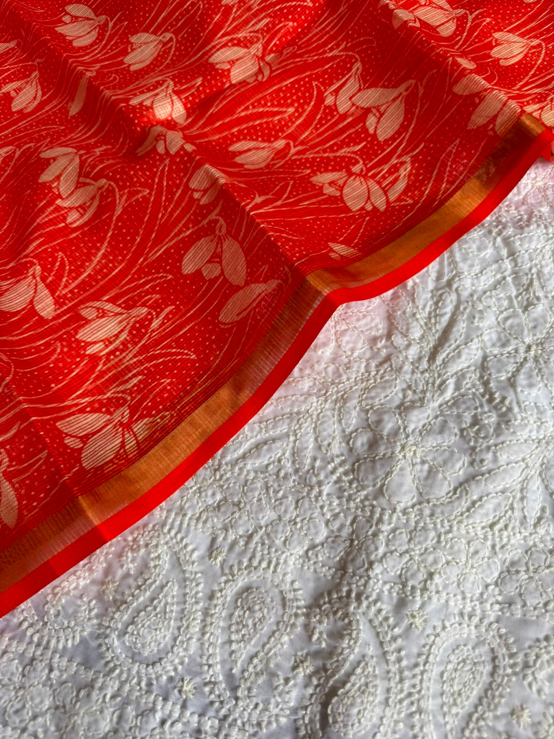 Pure Cotton Chikankari Hand Work Unstitched suit With Kalmkari Kota Doriya Dupatta.(without bottom)