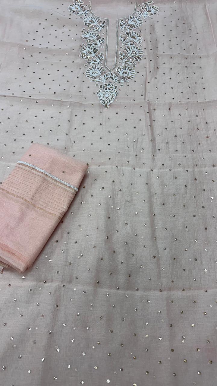 Pure Mul- Mul Chanderi Chakiankari Work Unstitched Suit with Cutdana work .