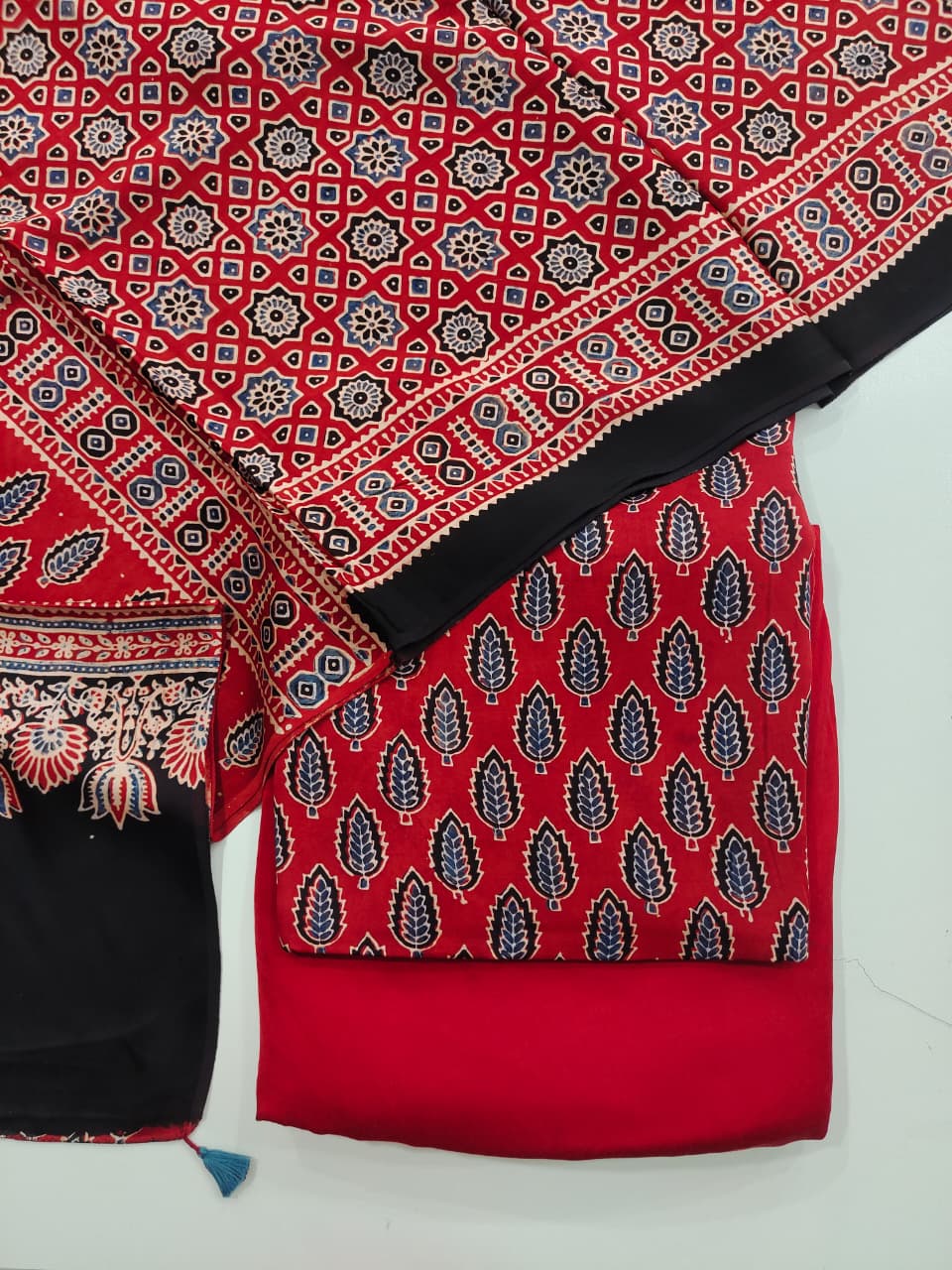 Pure Modal Silk Ajrakh Hand Block  3pc Unstitched Suit