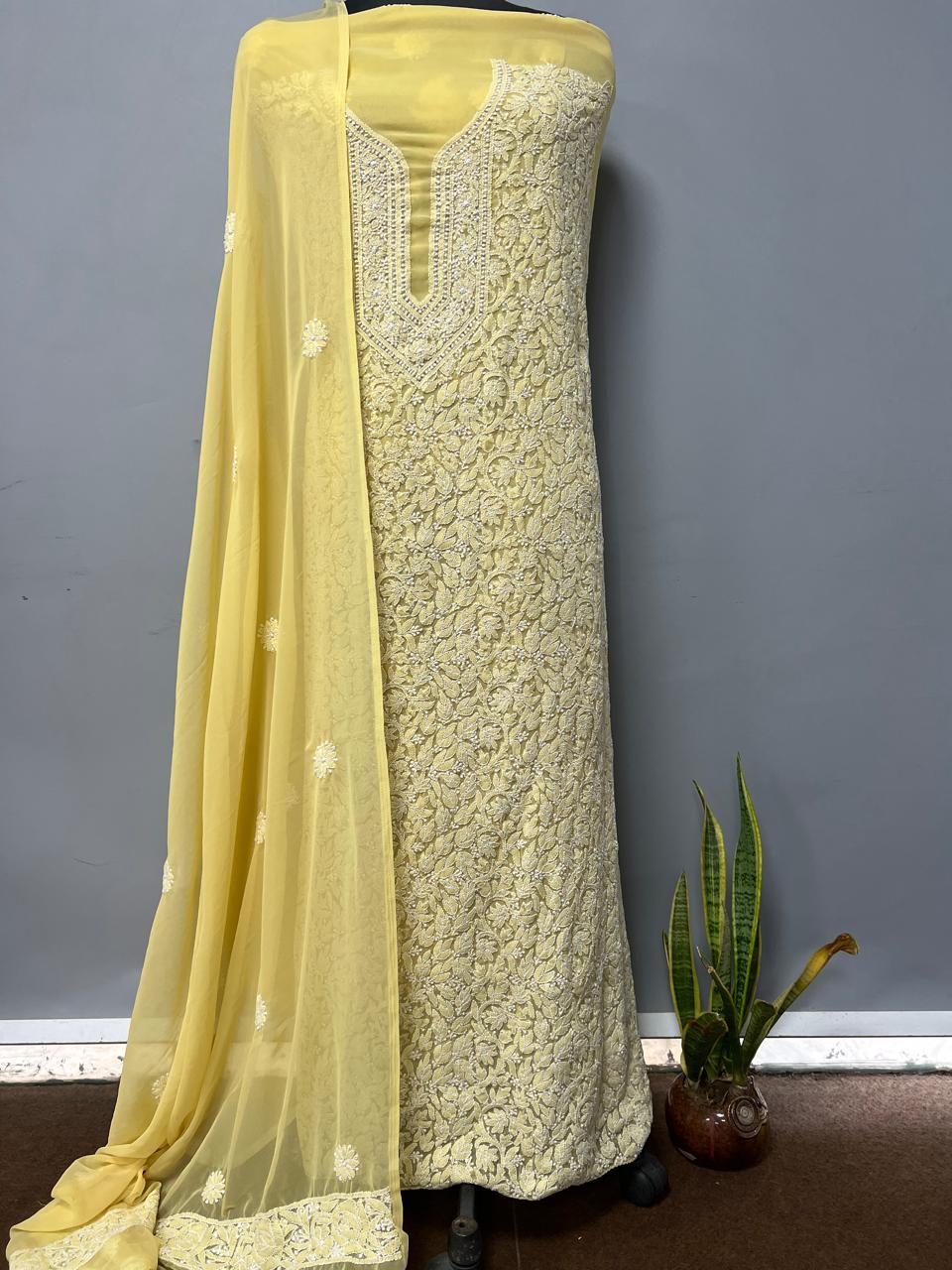 Pure Chiffon Georgette Chikankari Hand Embroidery Unstitched Suit.