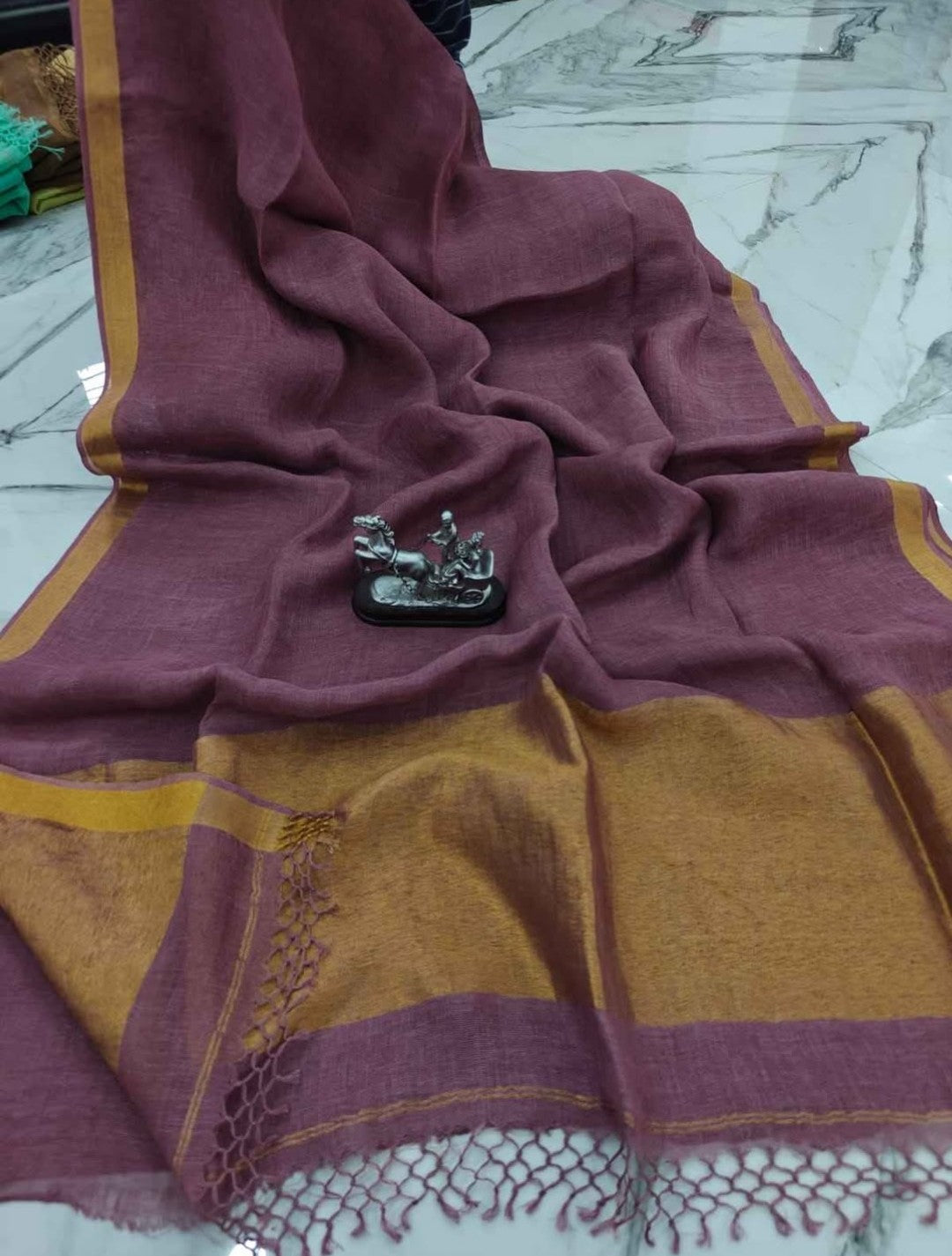 Premium Jayasree Linen Saree with Rich Golden Border & Running Blouse Piece