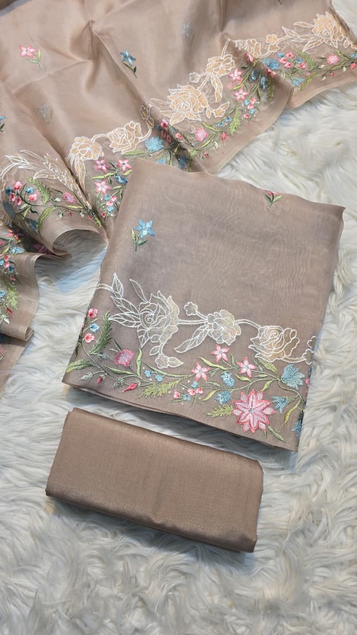 Pure Banarasi Organza Silk Applique Work Unstitched Suit.