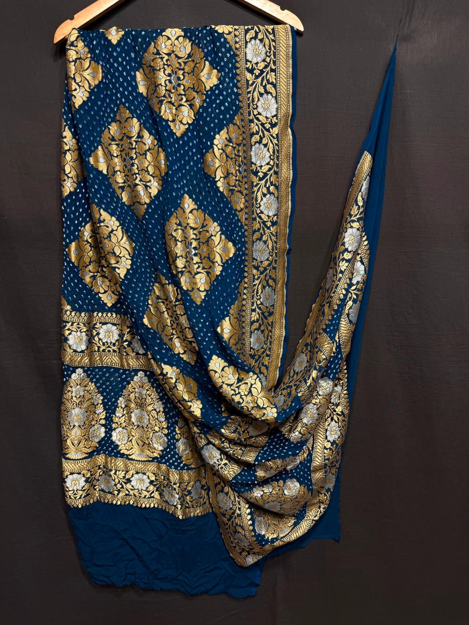 Pure Khaddi Georgette Real Neem Zari Handloom Woven Rayi Bandhej Dupatta