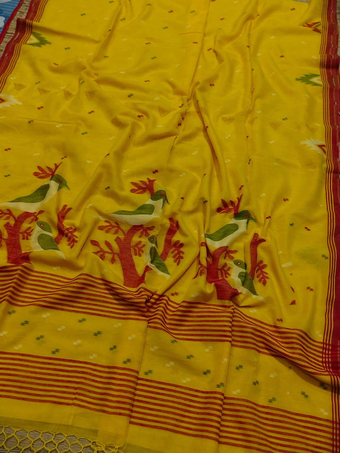 Pure Cotton Handloom Jamdani Bird Motif Saree With Blouse