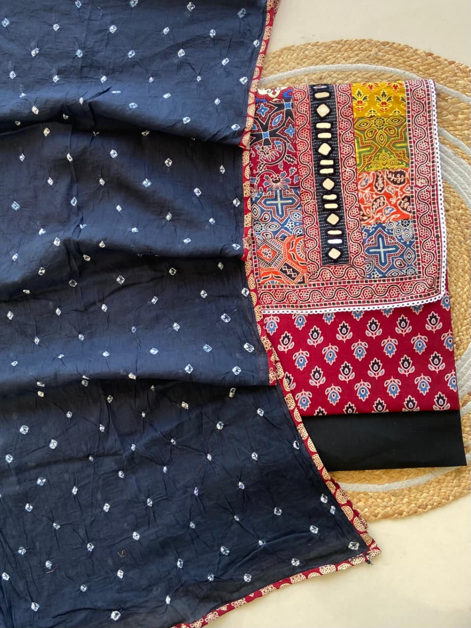 Pure Cotton Azrakh Print Unstitched Suit With Heavy Mirror Work
