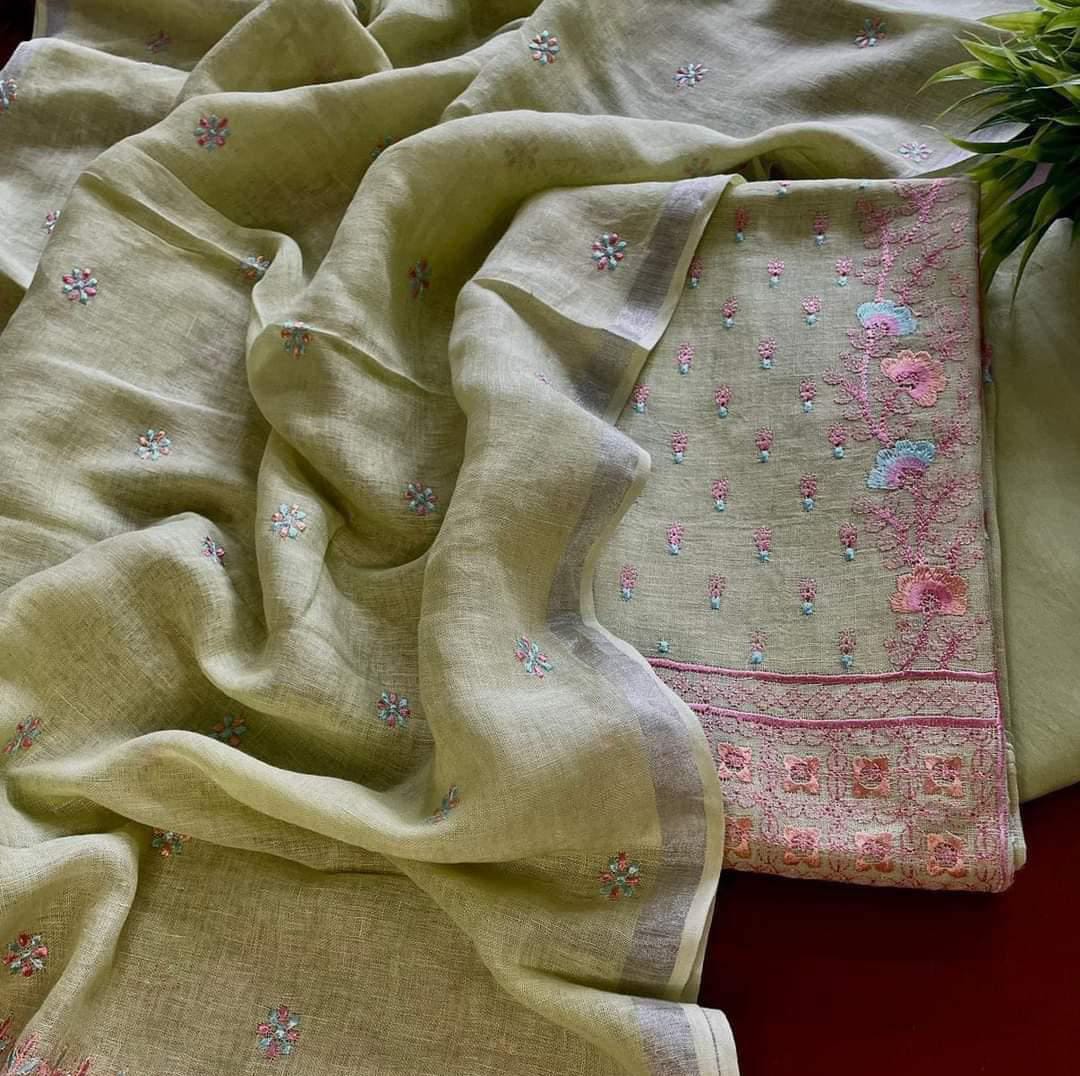 Bhagalpuri Cotton Linen Embroidery Unstitched suit.