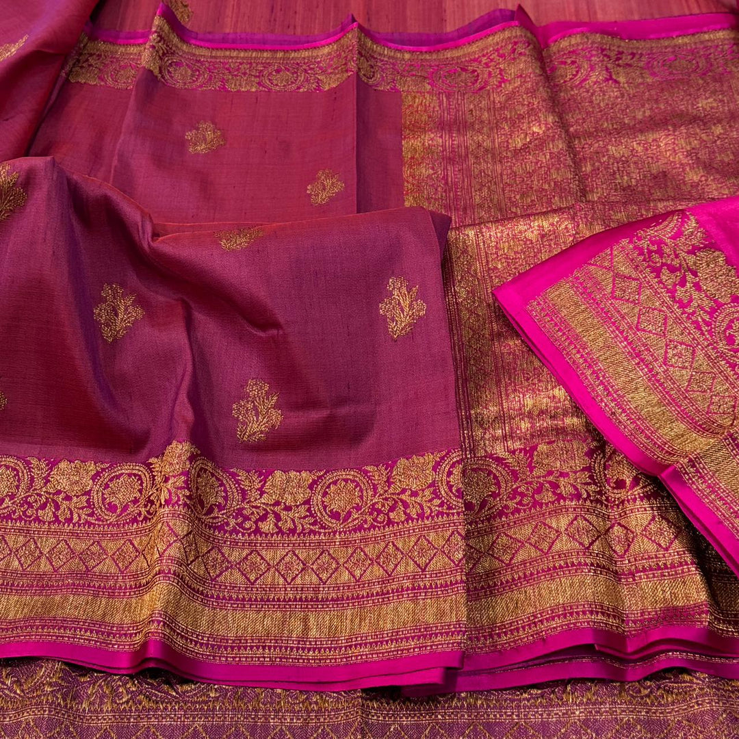 Handloom Pure Banarasi Tussar Silk With Kadhwa Buti Work .