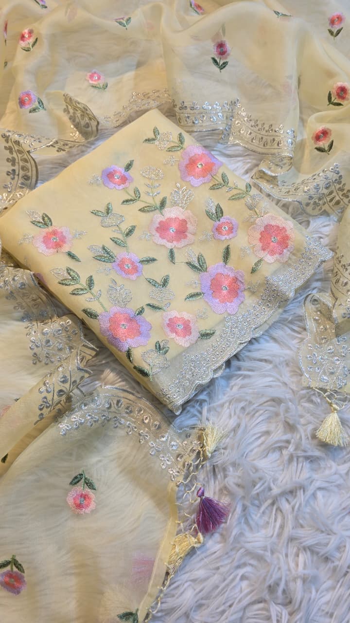 Pure Banarasi Organza Silk Embroidery Unstitched Suit.