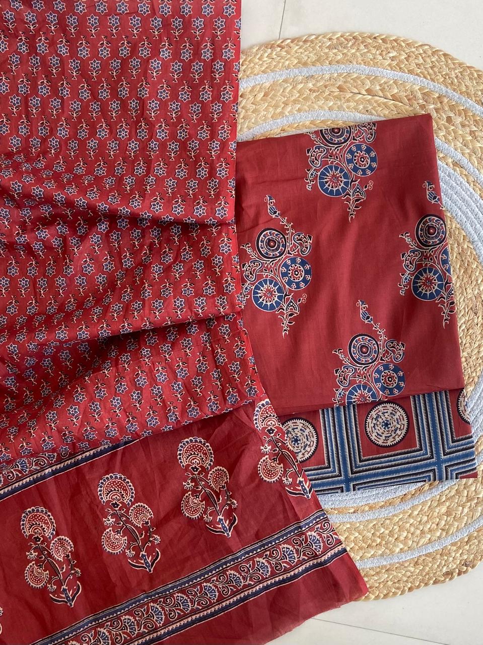 Pure Cotton Azrakh Print Unstitched Suit With  mul cotton  Duppatta