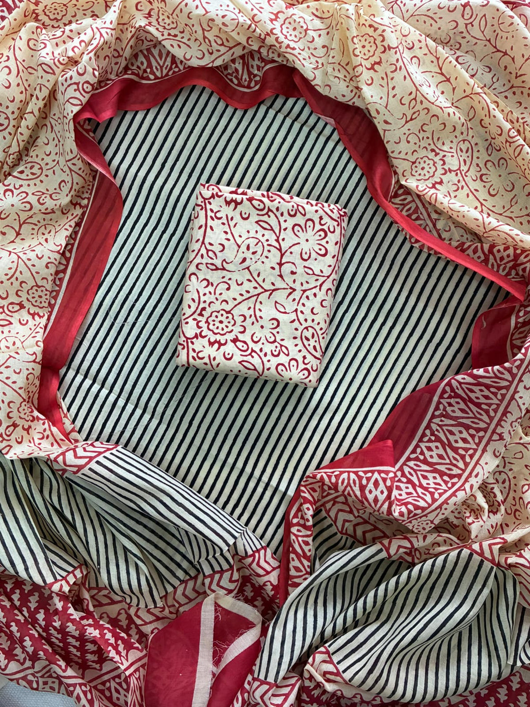 Pure Cotton Hand Block Print Unstitched Suit With Cotton  Dupatta .