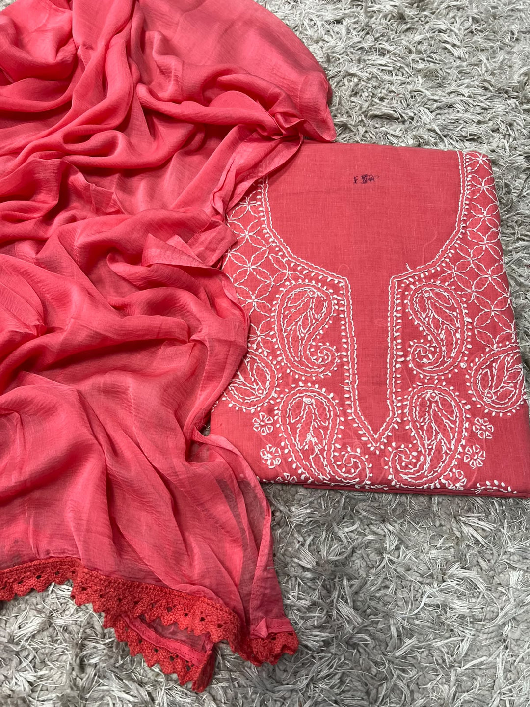 Pure cotton chikankari work unstitched suit with chiffon dupatta