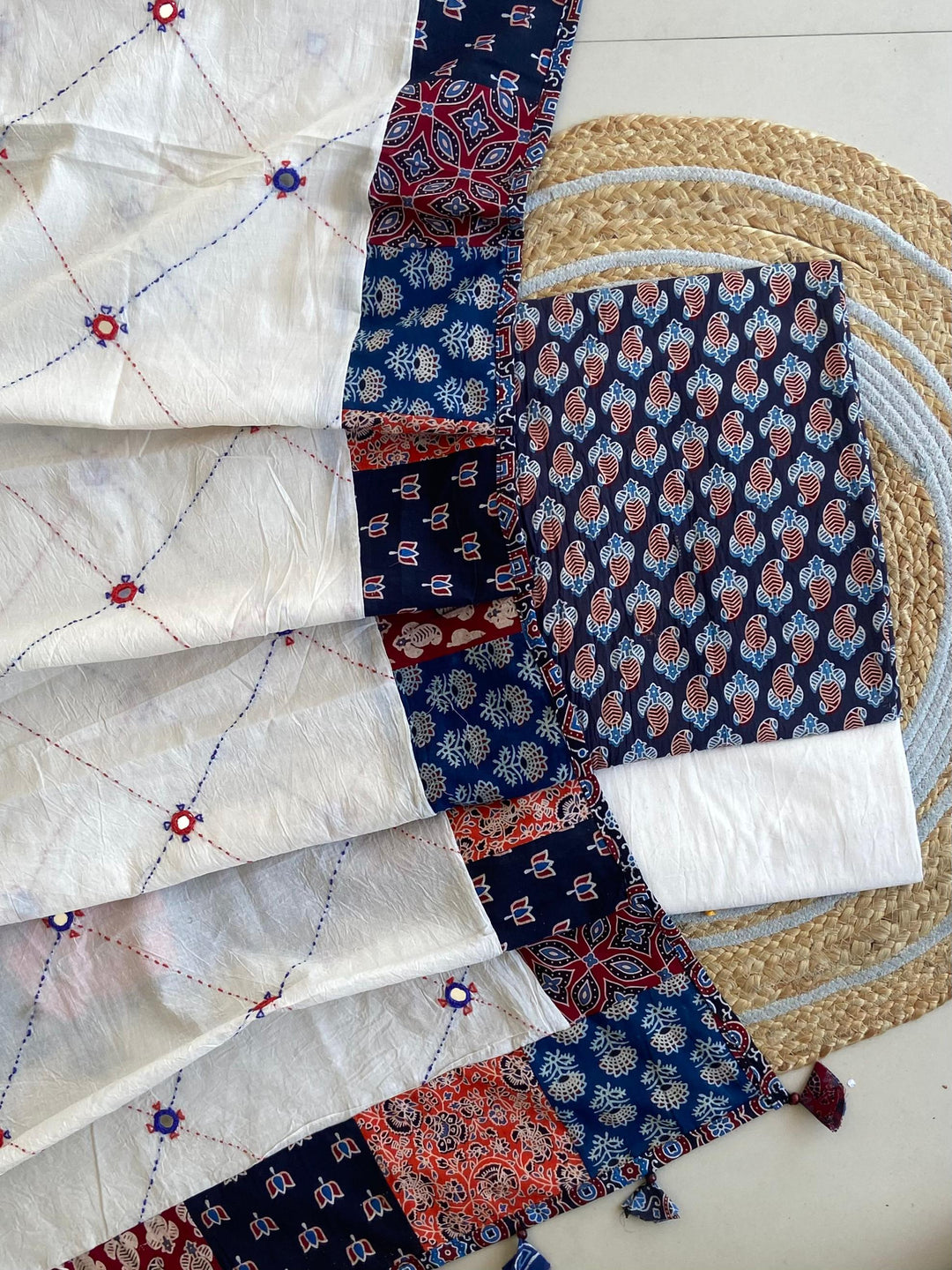 Pure Cotton Azrakh Print Unstitched Suit With Patch Work Dupatta