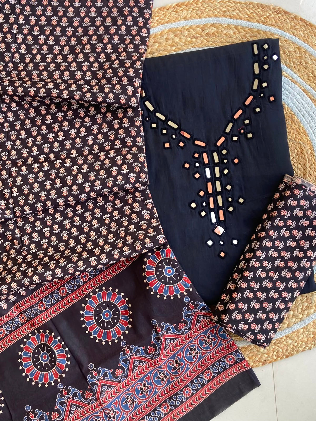 Pure Cotton Azrakh Print Unstitched Suit With heavy mirror work