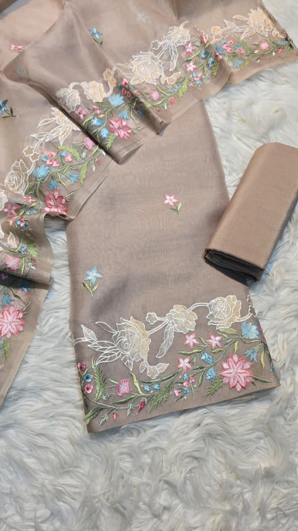 Pure Banarasi Organza Silk Applique Work Unstitched Suit.