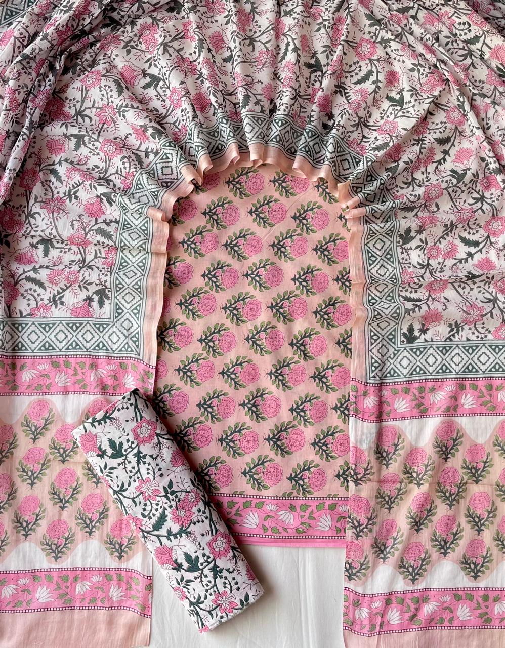 Pure Cotton Hand Block Print Unstitched Suit With Cotton Dupatta