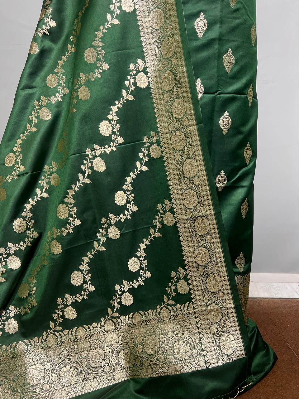 Pure Banarasi Satin Silk Zari Work Unstitched Suit With Jaal Work Dupatta.