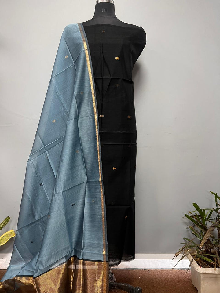 Pure Maheshwari Silk Hand Loom Unstitched Suit.(2pc Set)