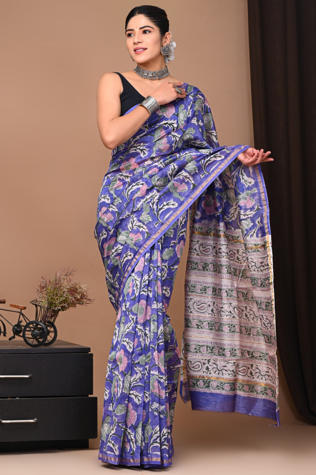 Hand Block Print Pure Chanderi Saree With Blouse