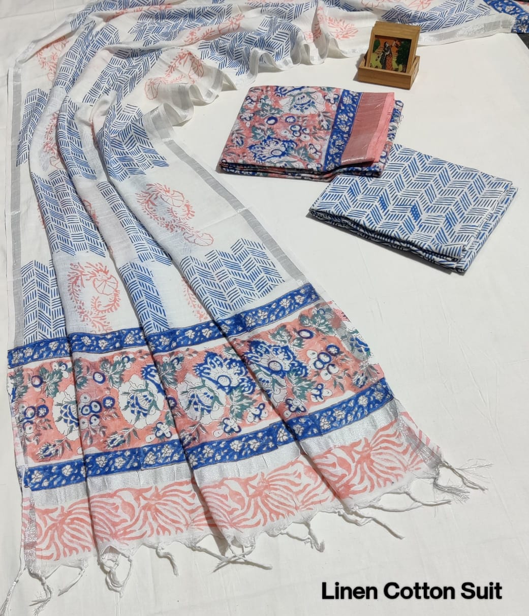 Hand Block Printed Linen Unstitched Suit .