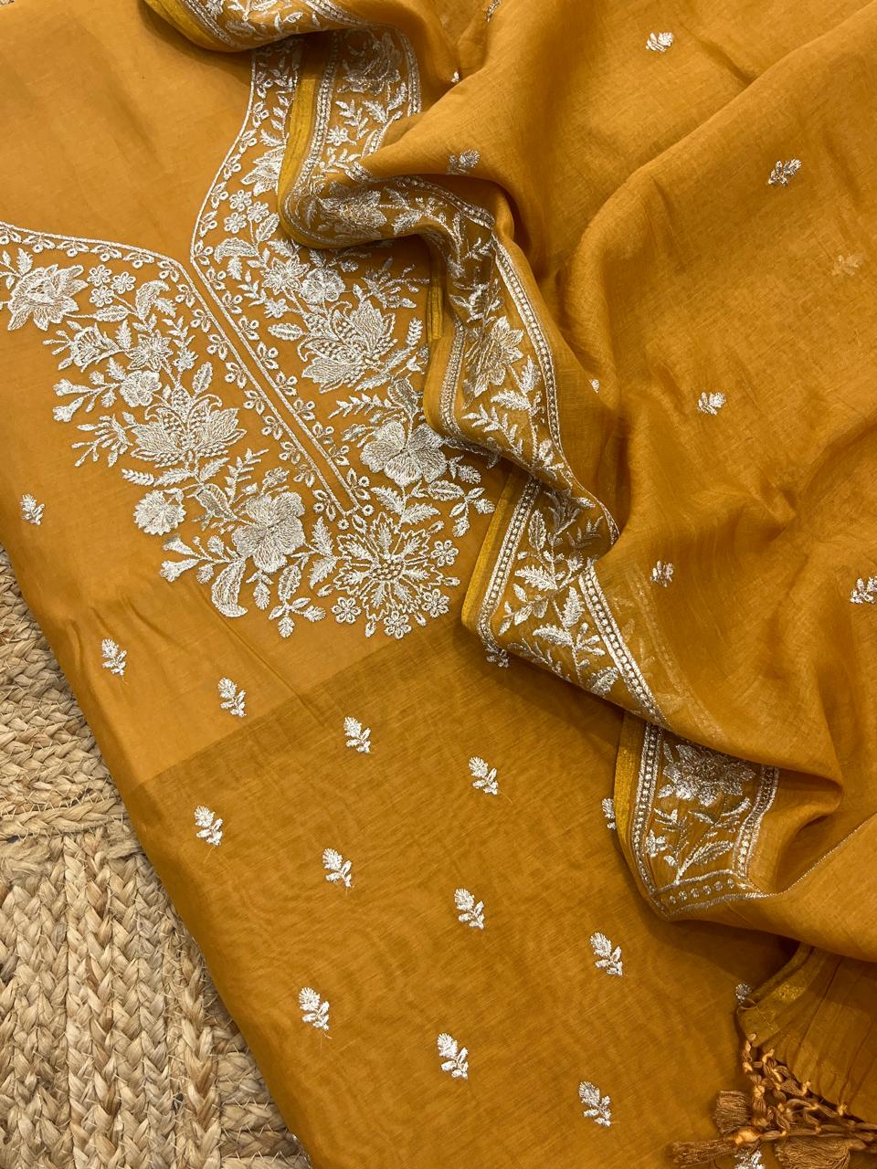 Pure Banarasi Resham Mul Chanderi Silk Embroidery Work Unstitched Suit
