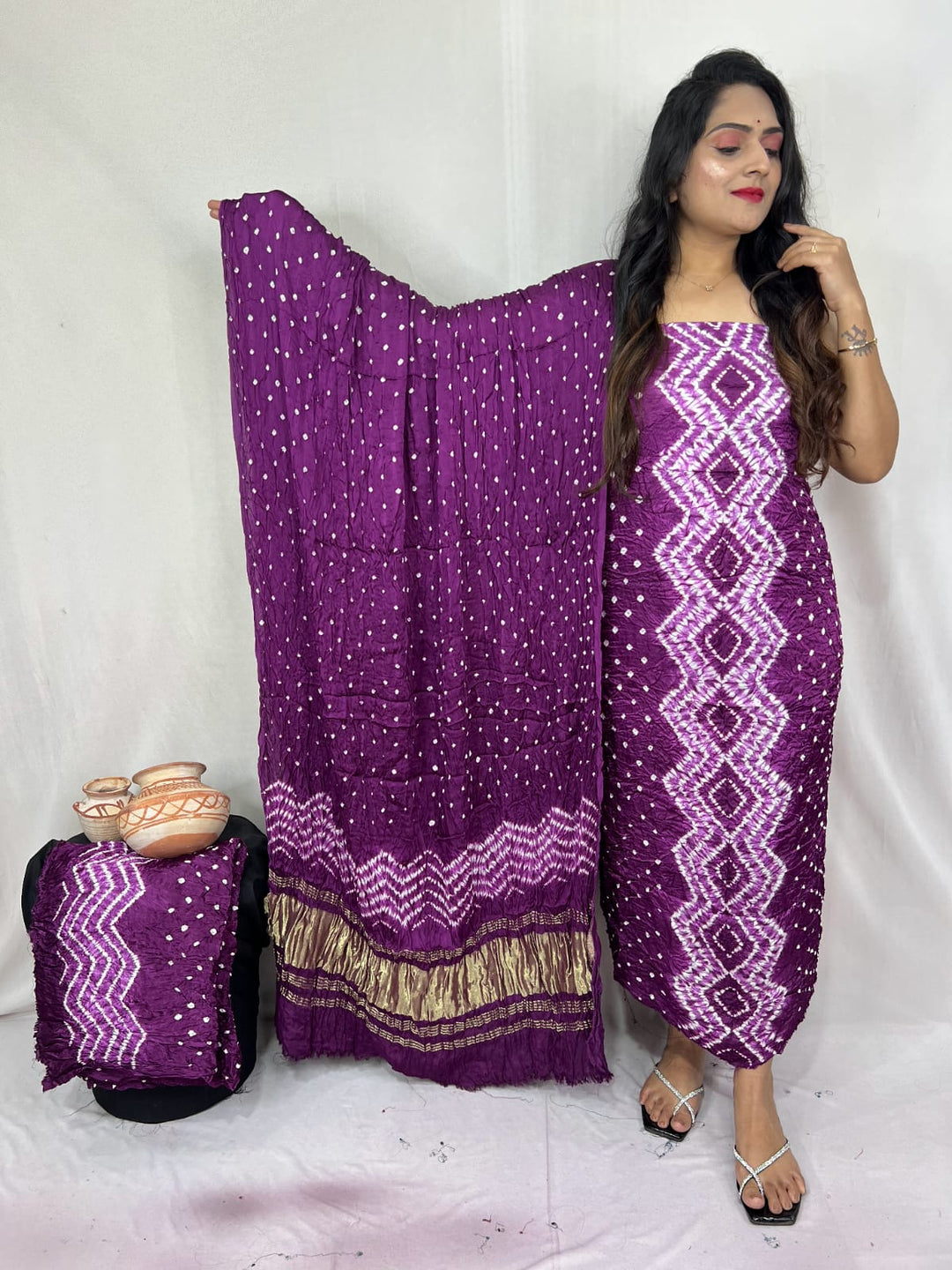 Pure Modal Silk Ajrakh Hend Block Zari Pallu Weaved 3pc Unstitched Suit .