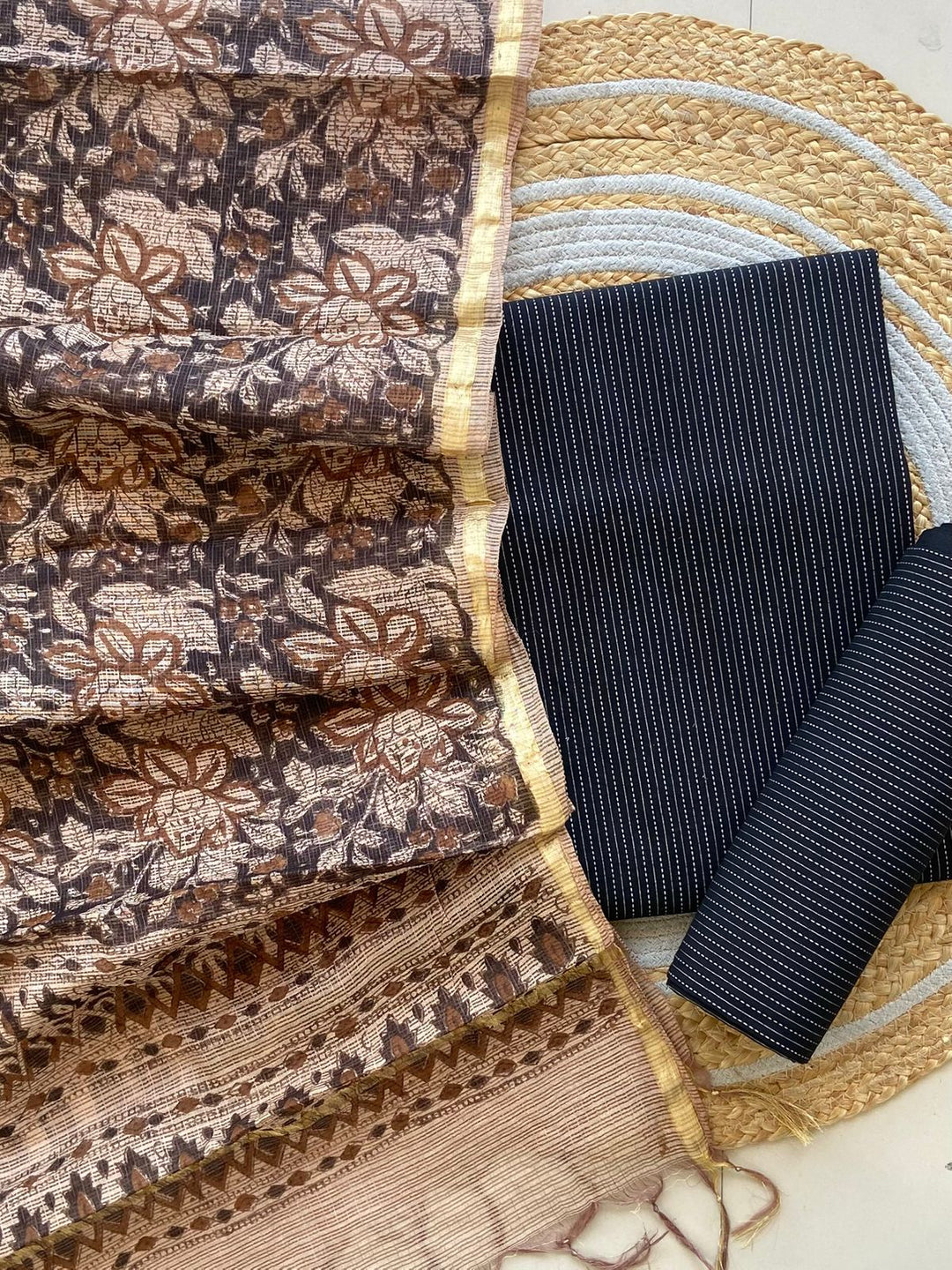 Kantha cotton kurta and bottom with kota doriya handblock print dupatta