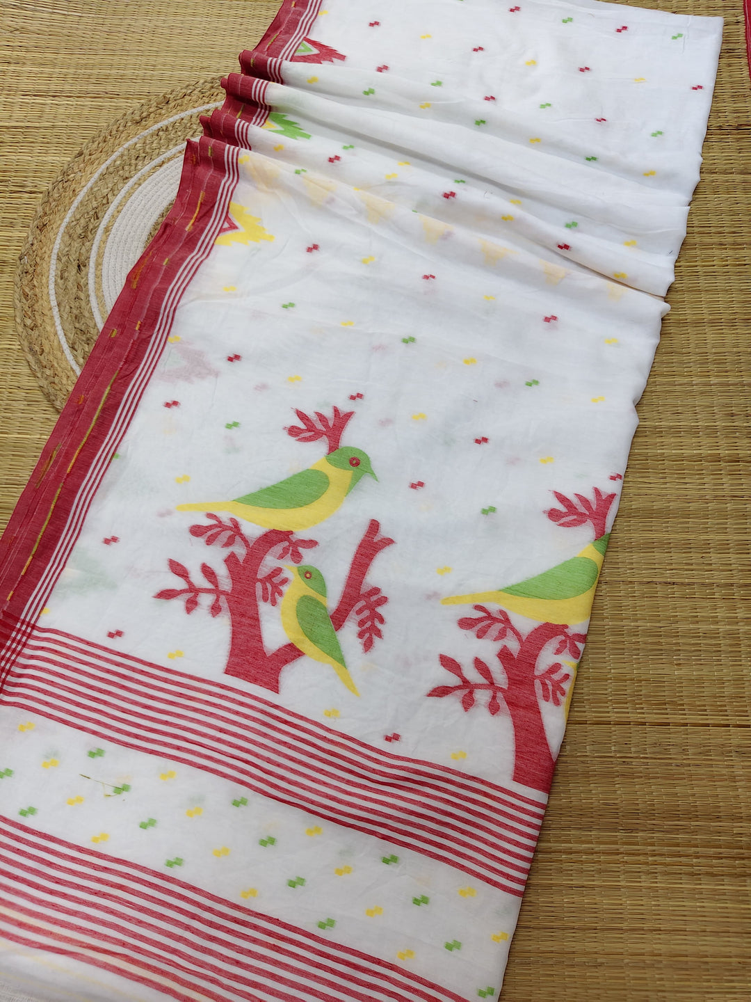 Pure Cotton Handloom Jamdani Bird Motif Saree With Blouse