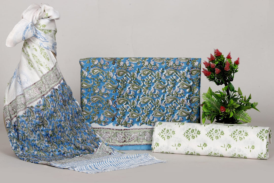 Pure Cotton Hand Block Print Unstitched Suit With Chiffon Dupatta