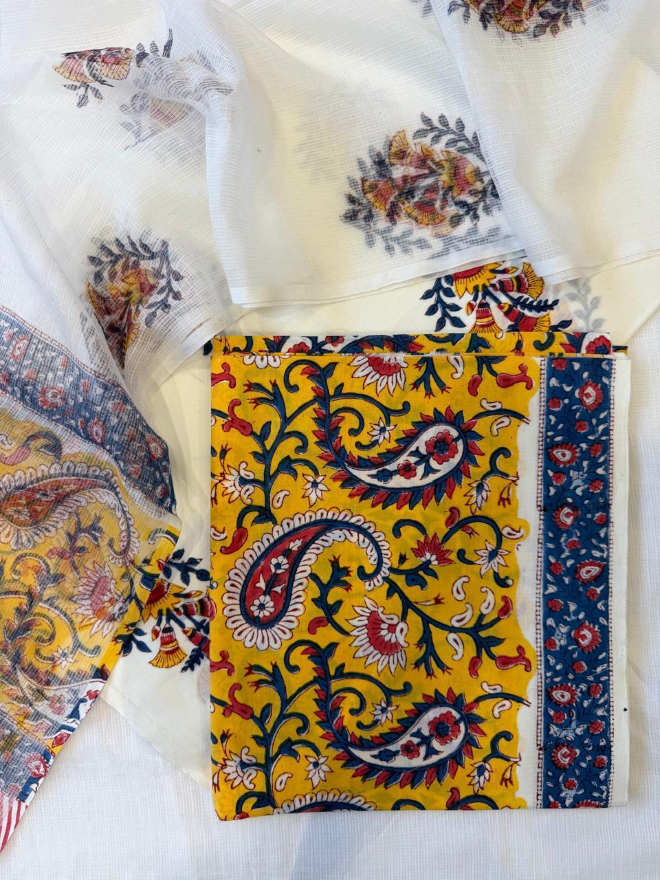 Pure Cotton Hand block print Unstitched Suit with Kota Dupatta