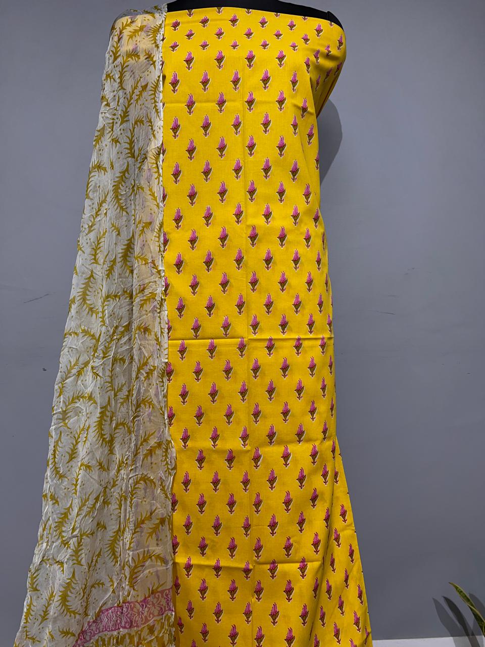 Pure Cotton Hand Block Print Unstitched Suit With Chiffon Dupatta