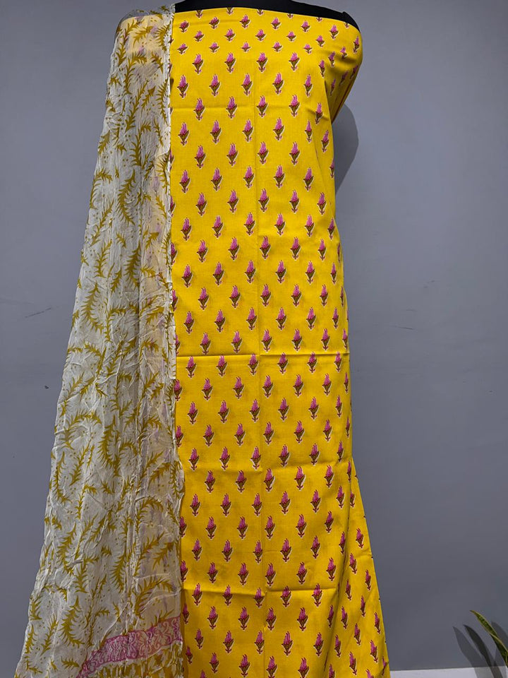 Pure Cotton Hand Block Print Unstitched Suit With Chiffon Dupatta