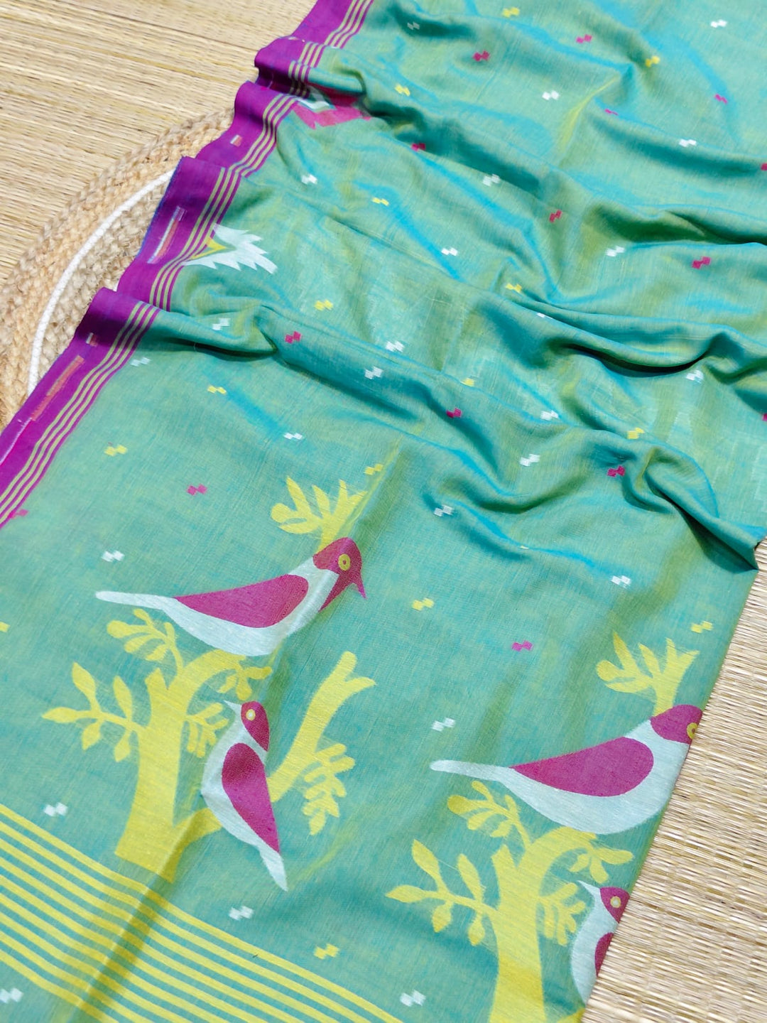 Pure Cotton Handloom Jamdani Bird Motif Saree With Blouse
