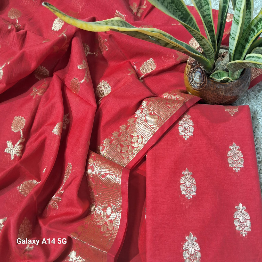 Pure Banarasi chanderi silk zari wark unstiched suit.