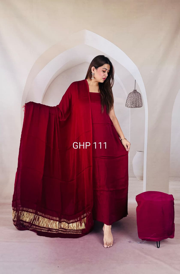 Pure Modal Silk Unstitched Suit with Lagdi Patta Dupatta in MAROON