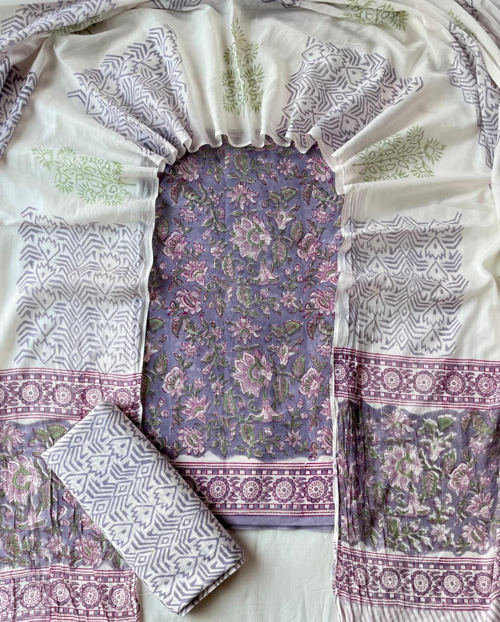 Pure Cotton Hand Block Print Unstitched Suit With Cotton Dupatta