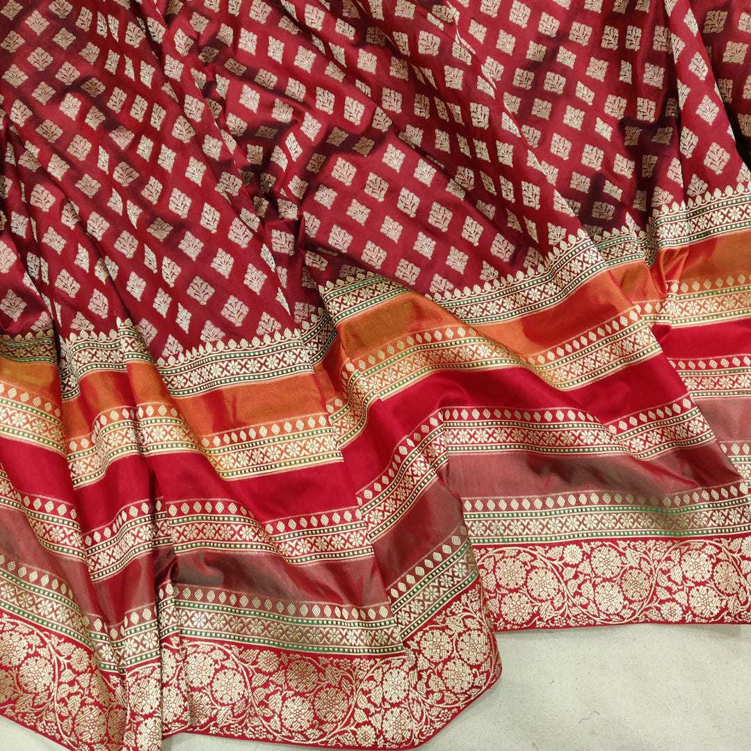 Pure  Katan Silk Handwoven All over Gold Zari Buti And Multi Color Stripes Saree. with Blouse.
