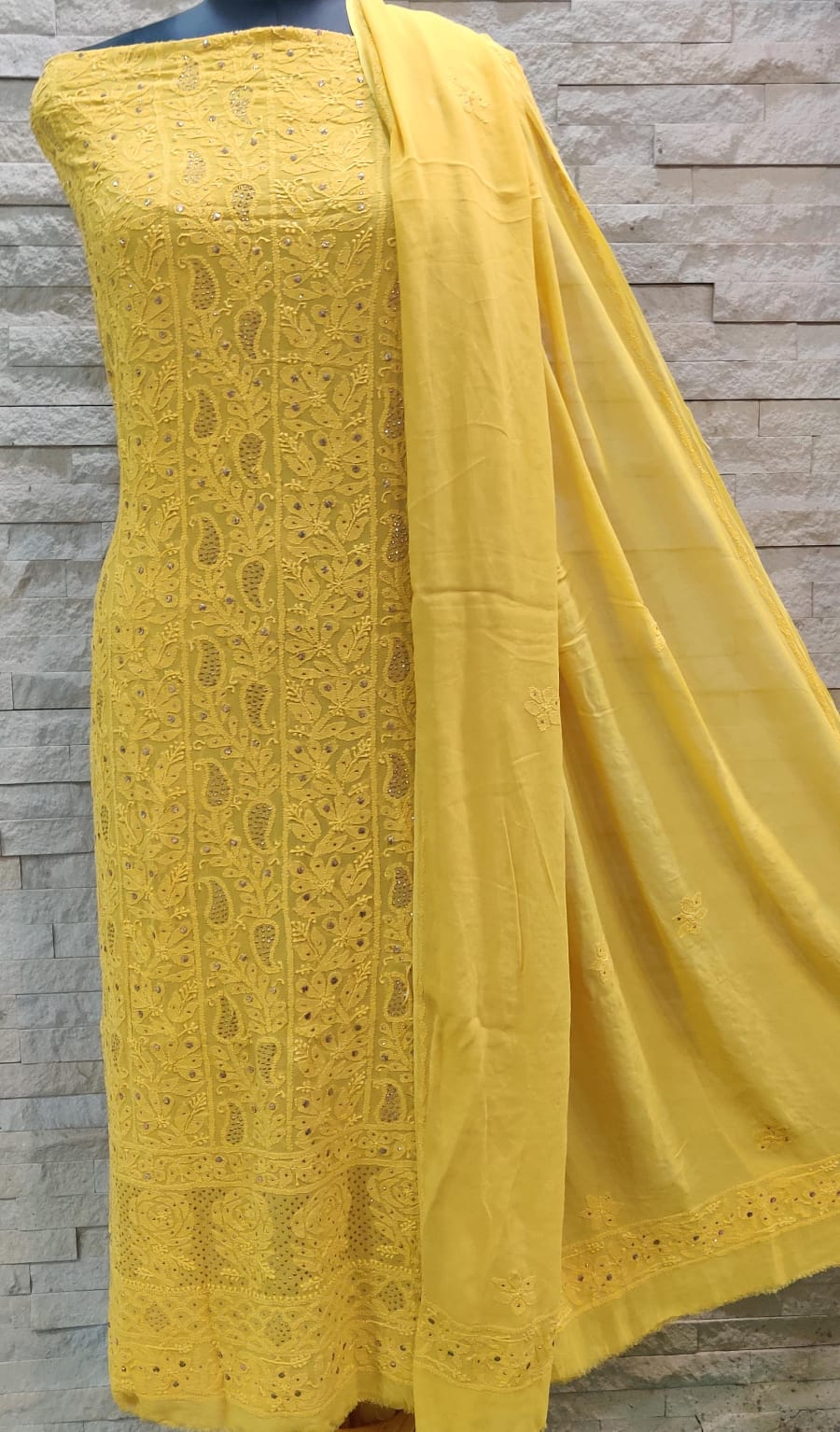 Pure Viscose Georgette Chikankari Hand Embroidery And Mukesh Work Unstitched Suit.