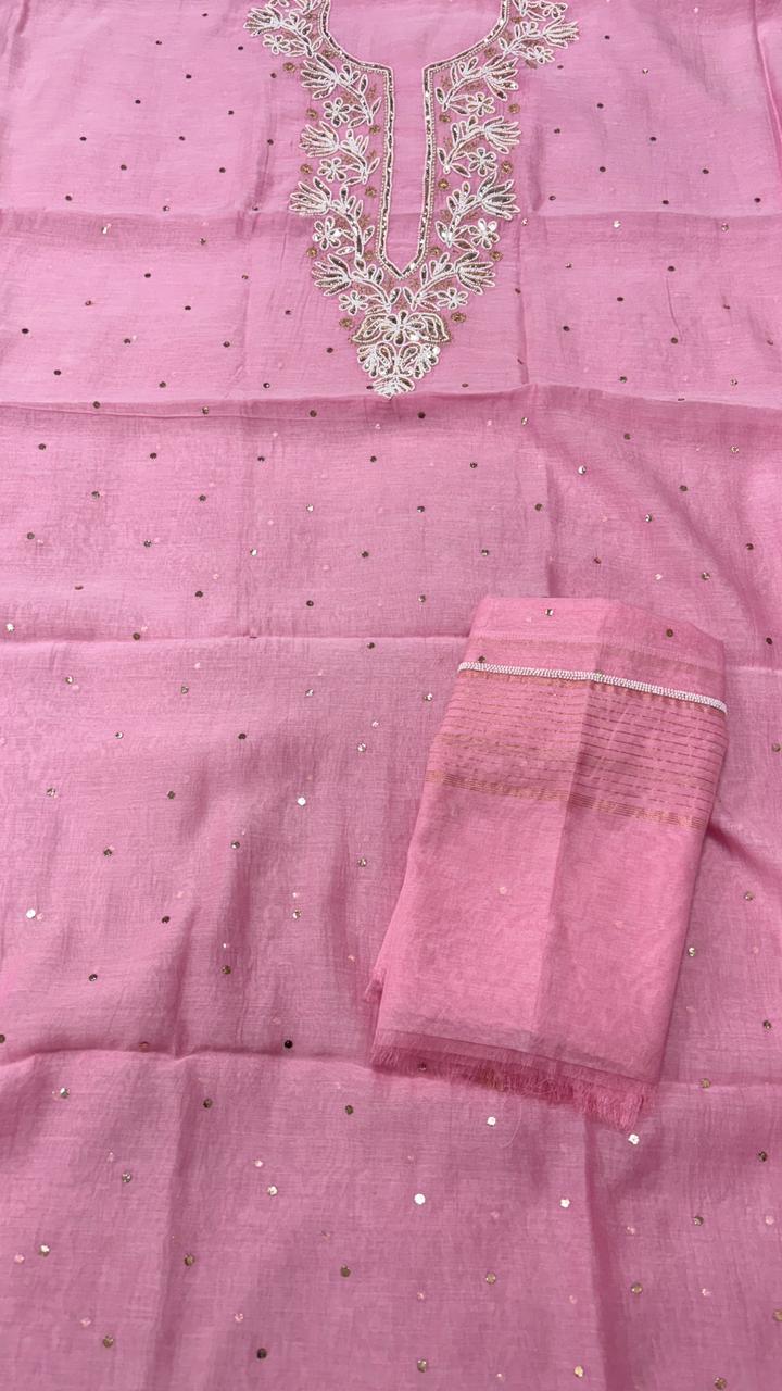 Pure Mul- Mul Chanderi Chakiankari Work Unstitched Suit with Cutdana work.