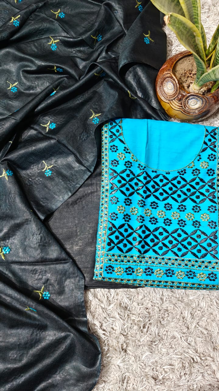 Pure Katan Giccha Silk Unstitched Suit With Dupatta