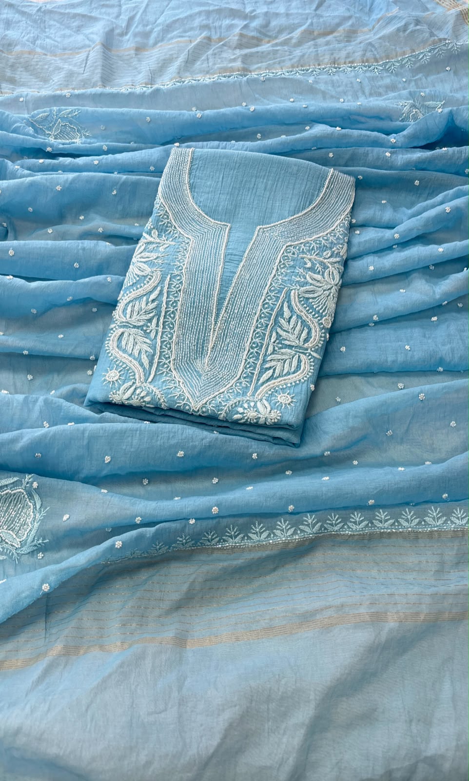 Pure Mul- Mul Chakiankari Work Unstitched Suit with Pearl and Cutdana work